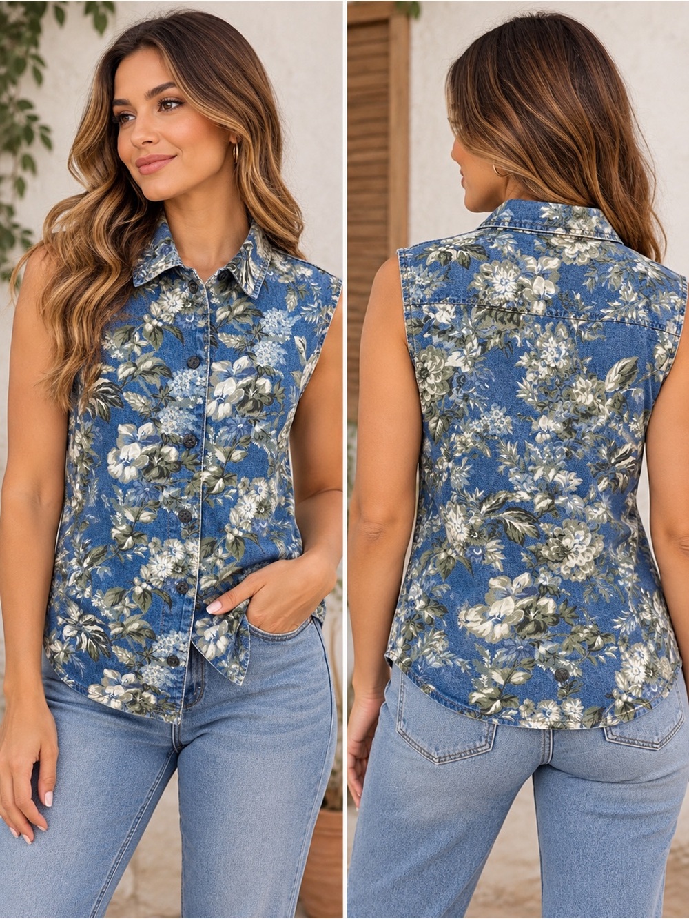 Draper’s & Damon’s Floral Denim Vest XL Blue Button Front Sleeveless